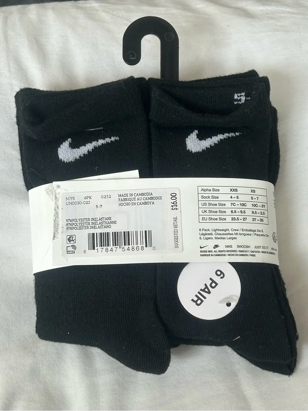 Nike 6-Pack Lightweight Crew Socks | Black | Youth 10C–3Y